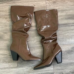 Nasty Gal Faux Patent Leather Tall Brown Boots 3.5" heels women’s size 8 EUC